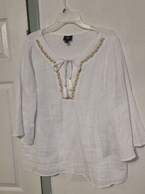 White Gauze Tunic Top with Gold Trim and Tassel Tie